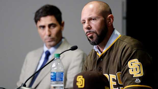 Oct 31, 2019; San Diego, CA, USA; San Diego Padres manager Jayce Tingler (right) is introduced as general manager A.J. Preller looks on at Petco Park. Mandatory Credit: Orlando Ramirez-USA TODAY Sports